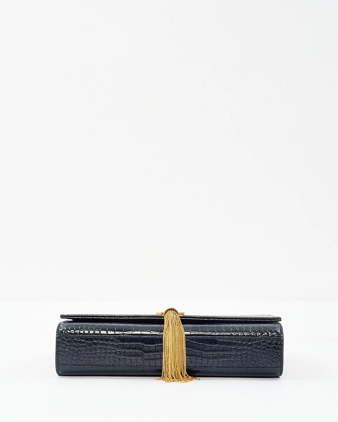 Saint Laurent Black Croc Embossed Kate Tassel Medium Crossbody Clutch Bag
